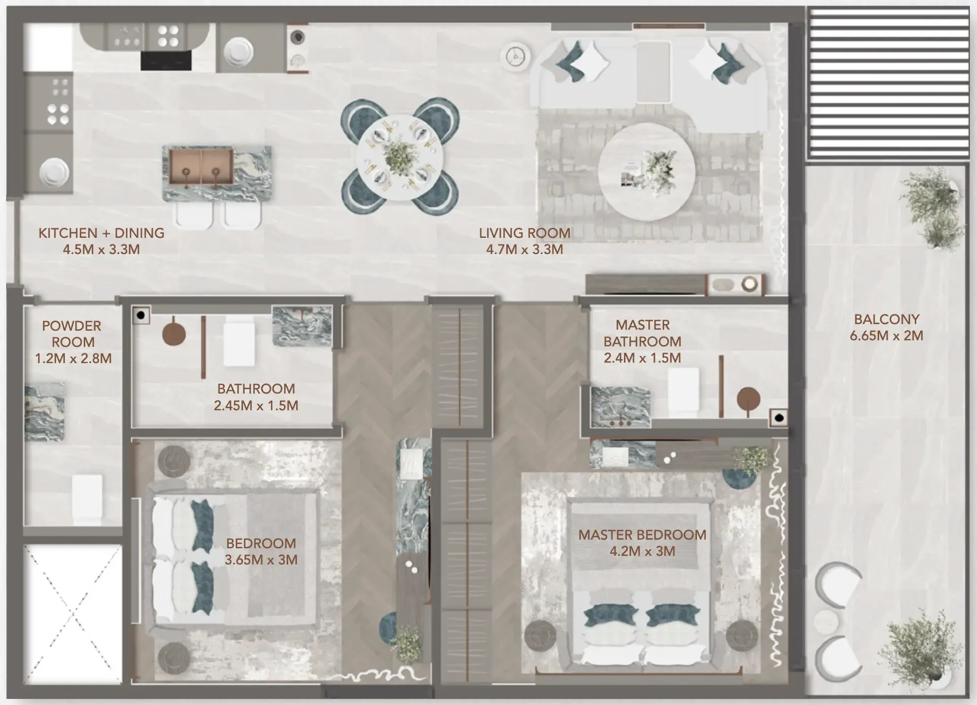 241 Waterside 2 bed floor plan, 954 sqft