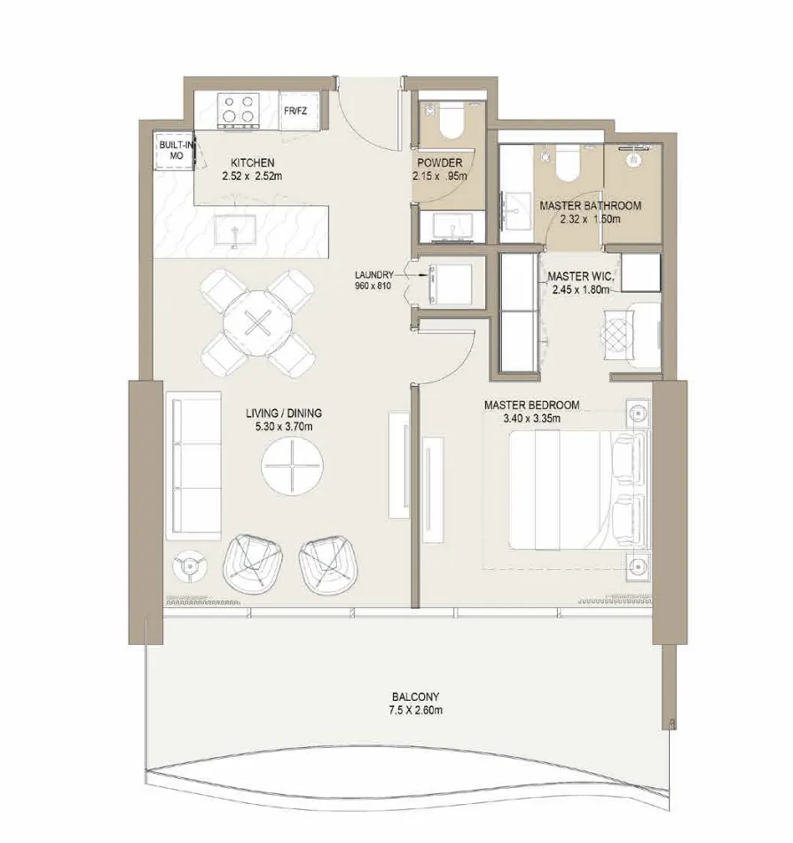 Laguna Residence 1 bed floor plan, 821 – 876 sqft