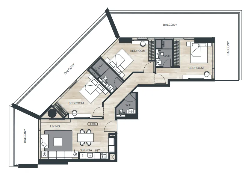 Binghatti Ghost 3 bed floor plan, 1,897 sqft
