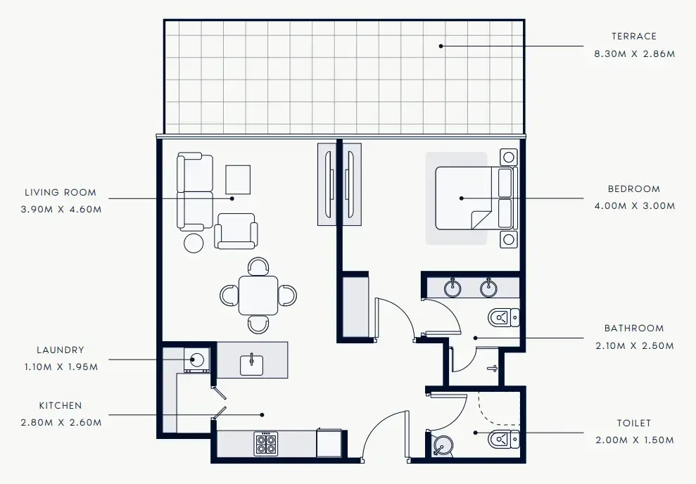 Riviera Rêve 1 bed floor plan, 929 sqft