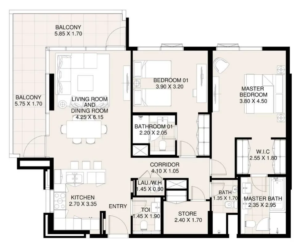Canal Front Residences 3 and 4 2 bed floor plan, 1,502 sqft