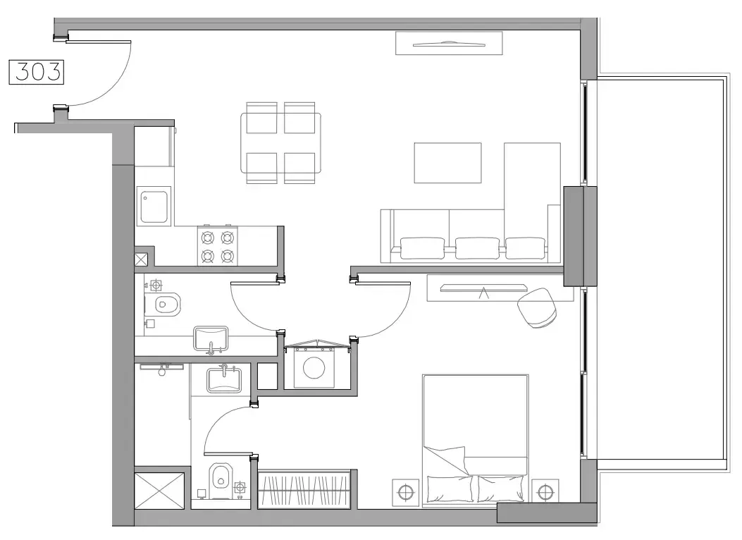 Trevino 1 bed floor plan, 692 sqft