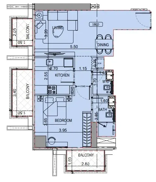 Binghatti Luxuria 1 bed floor plan, 755 sqft