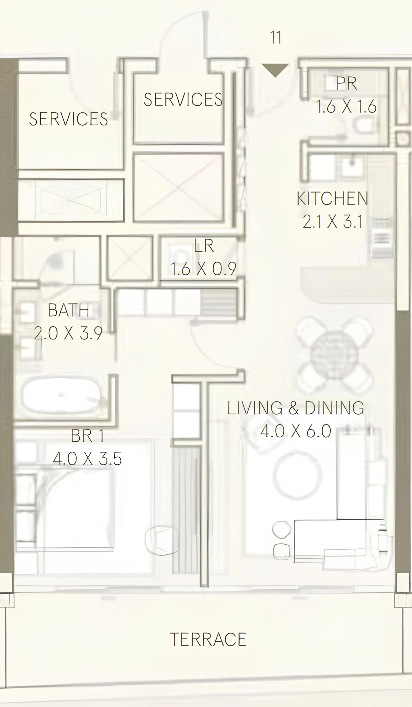 Saas Hills 1 bed floor plan, 926 – 980 sqft