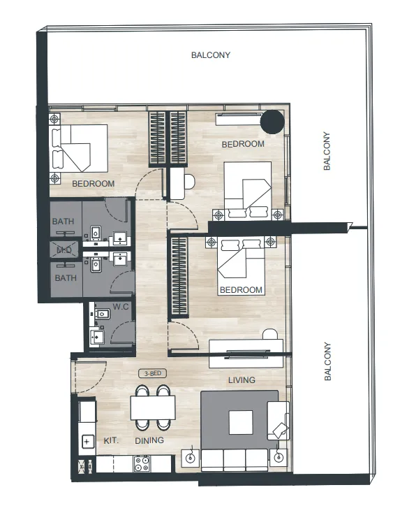 Binghatti Ghost 3 bed floor plan, 1,604 – 1,648 sqft