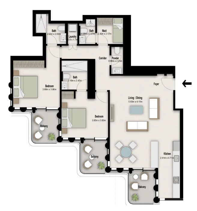 One B Tower 2 bed floor plan, 1,525 sqft