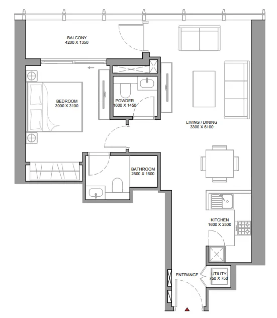 The Element at Sobha One 1 bed floor plan, 737 sqft