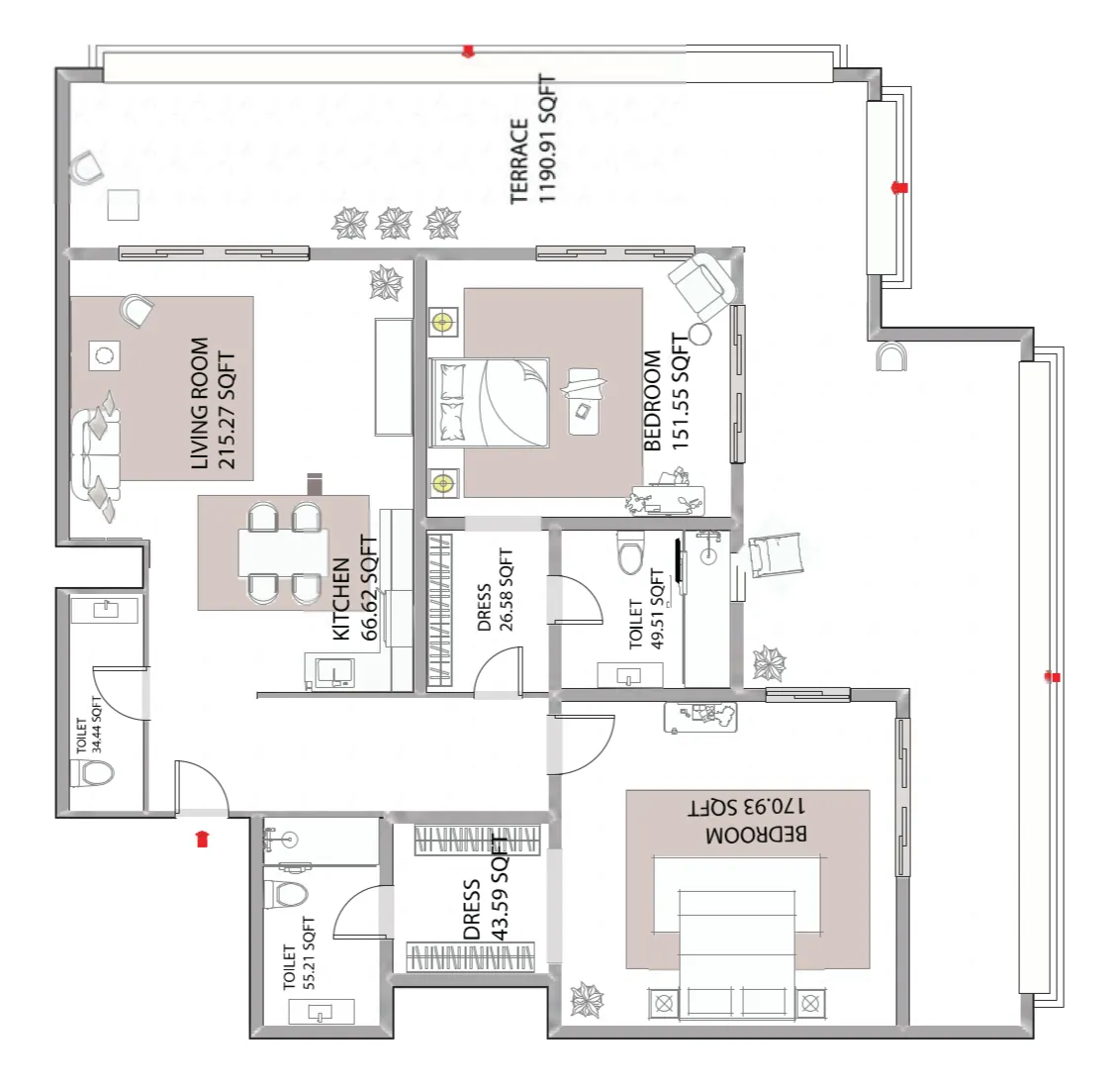 Ajman Creek Towers 2 bed floor plan, 2,837 sqft