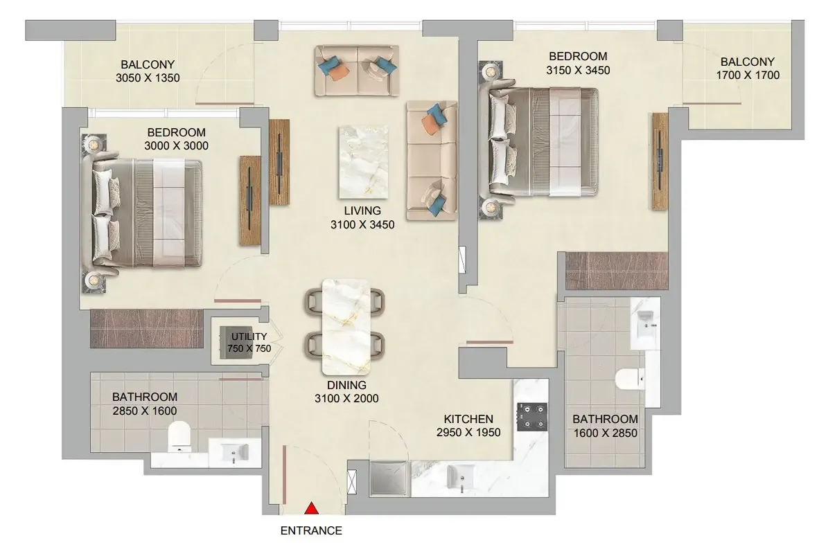 The Woods Abode at Sobha Sanctuary 2 bed floor plan, 889 sqft