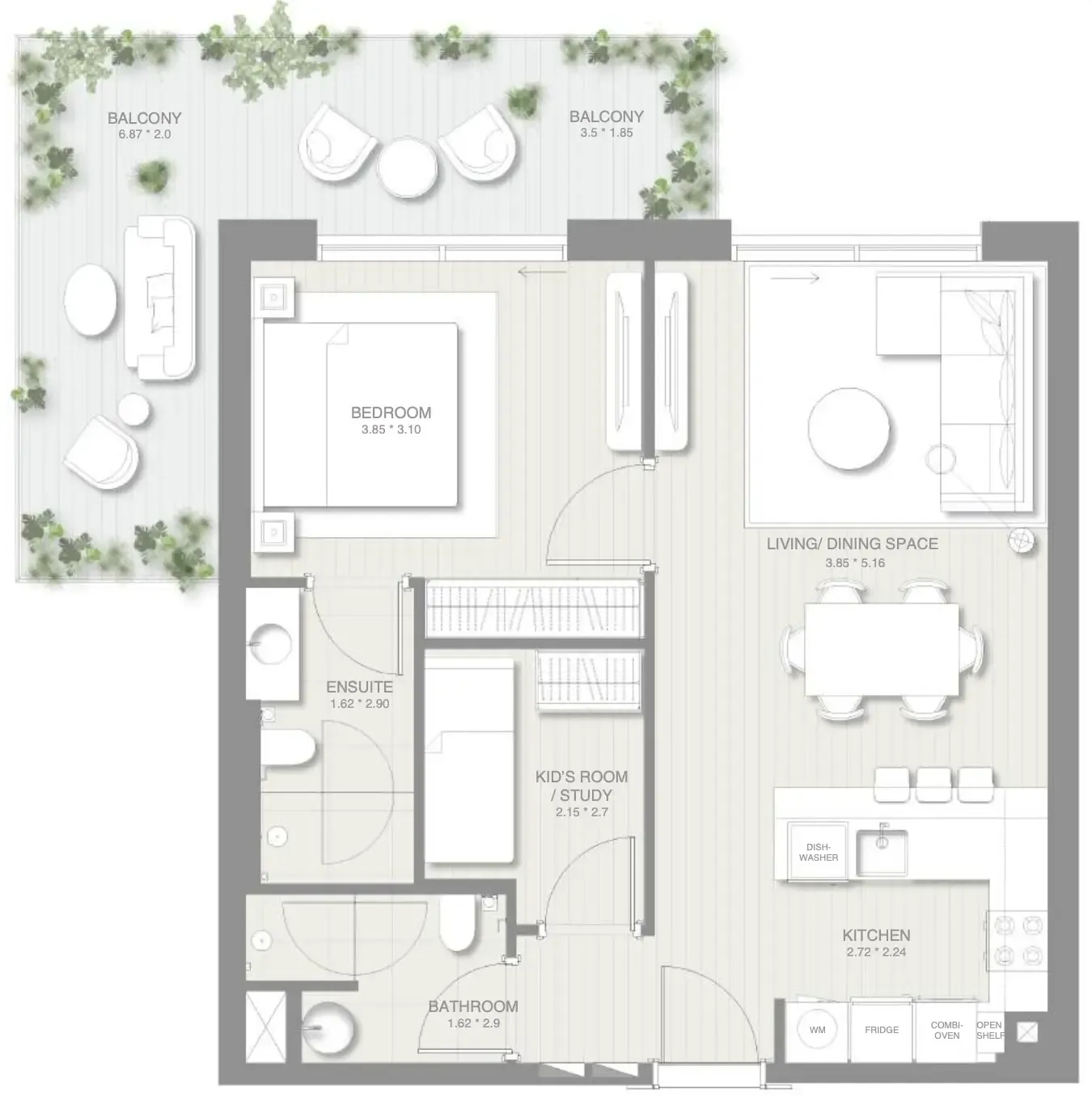 Sol Levante 1 bed floor plan, 925 sqft