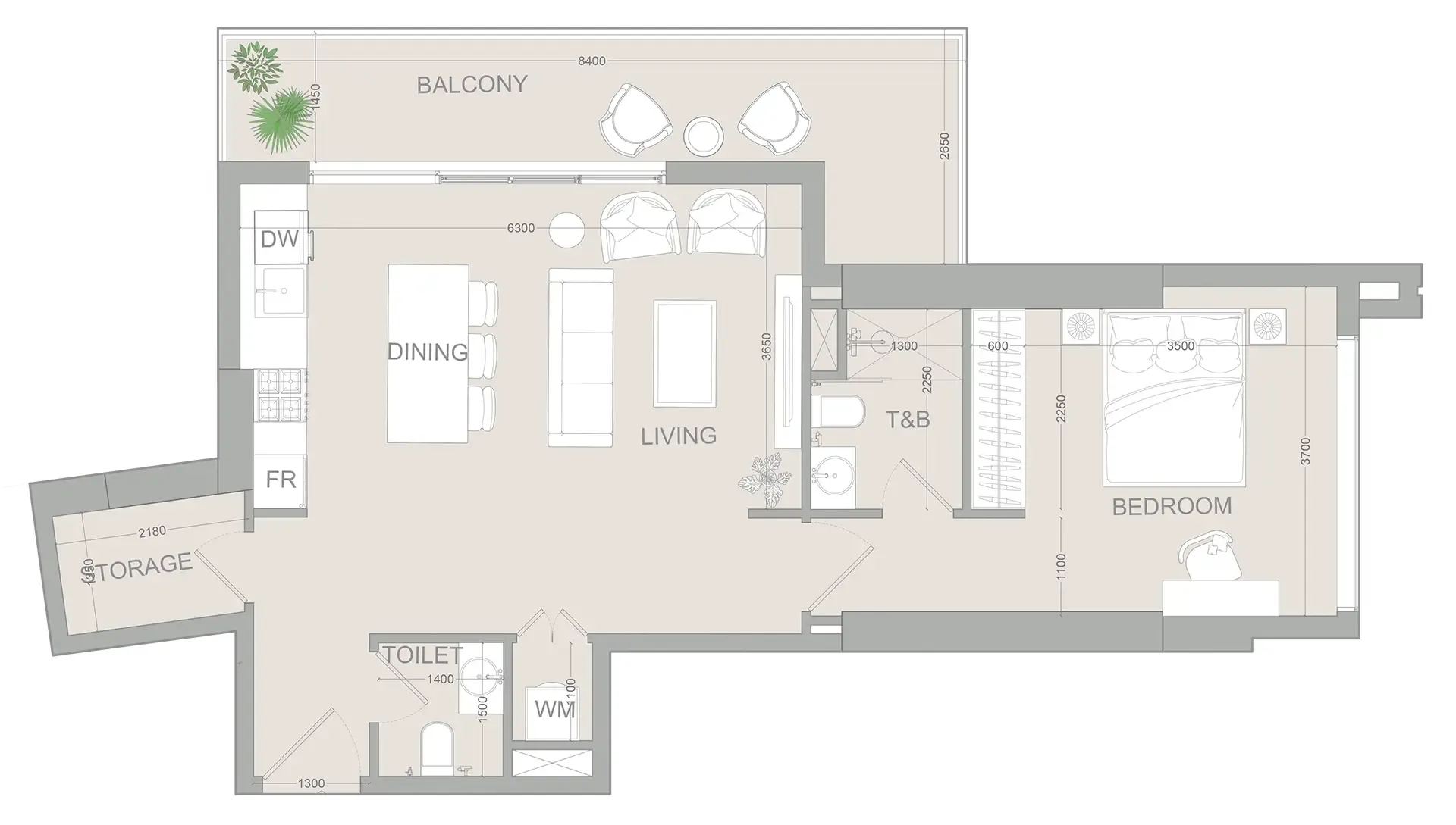 AUREL1A Residence 1 bed floor plan, 877 sqft