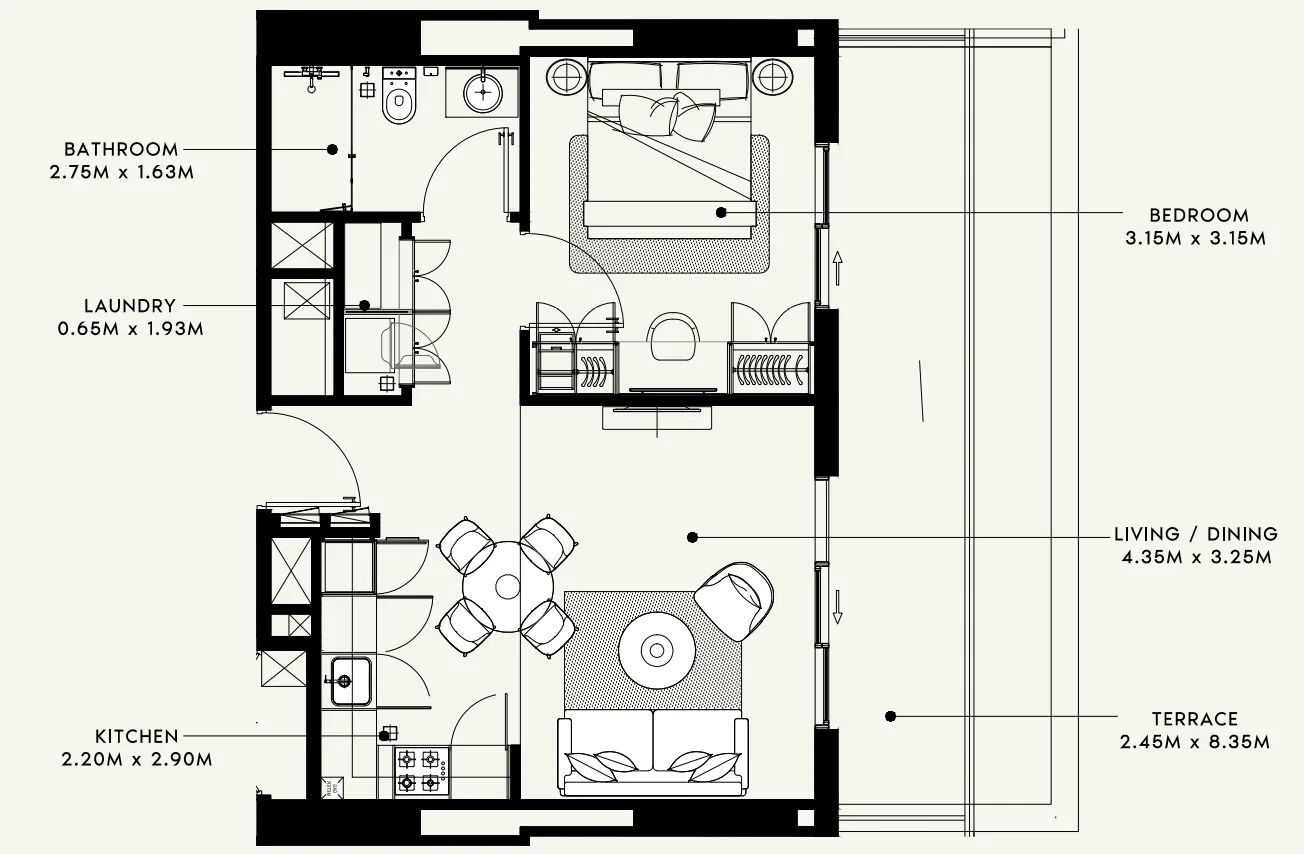 Beach Oasis 1 and 2 1 bed floor plan, 781 sqft