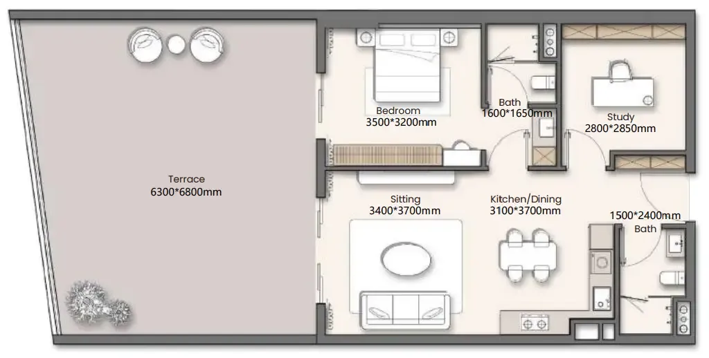 Yigo 26 1 bed floor plan, 1,033 – 1,101 sqft