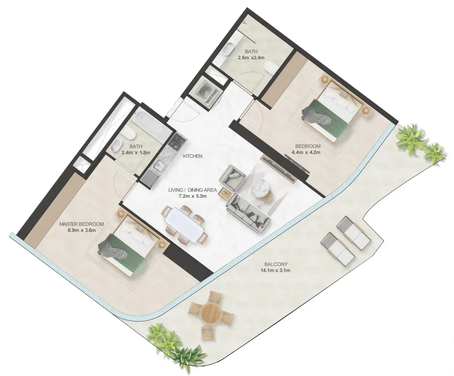 Oystra 2 bed floor plan, 1,465 sqft