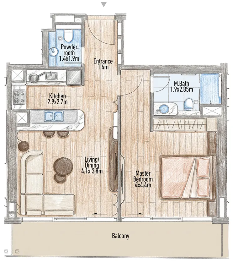 Flow 25 1 bed floor plan, 815 sqft