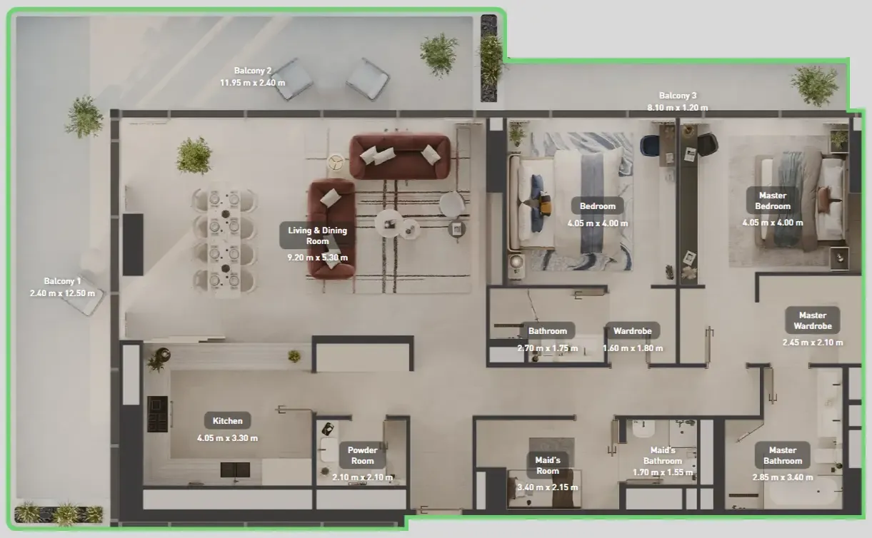 Luluat Marina at Luluat Al Raha 2 bed floor plan, 2,442 sqft