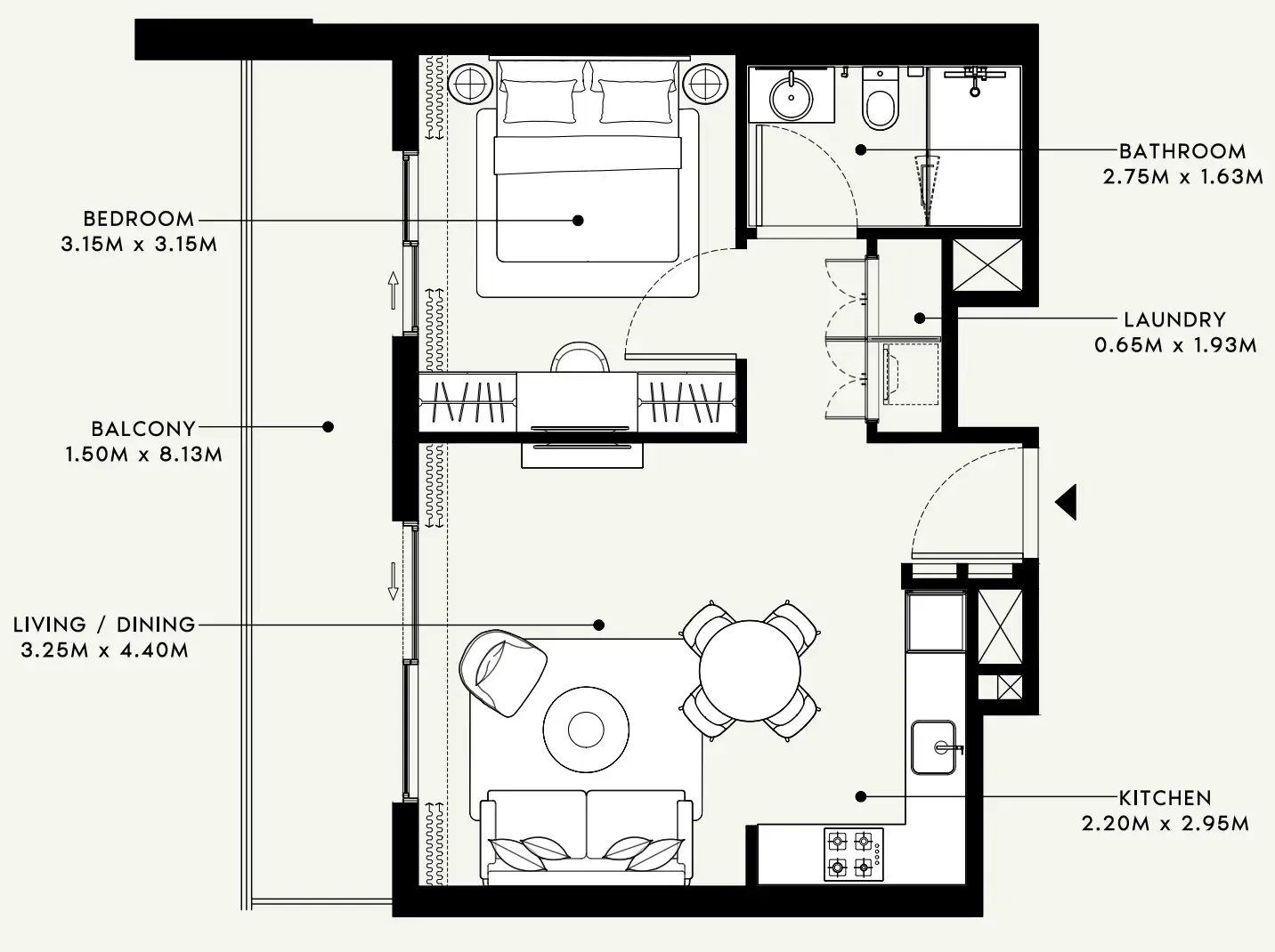 Beach Oasis 1 and 2 1 bed floor plan, 675 sqft