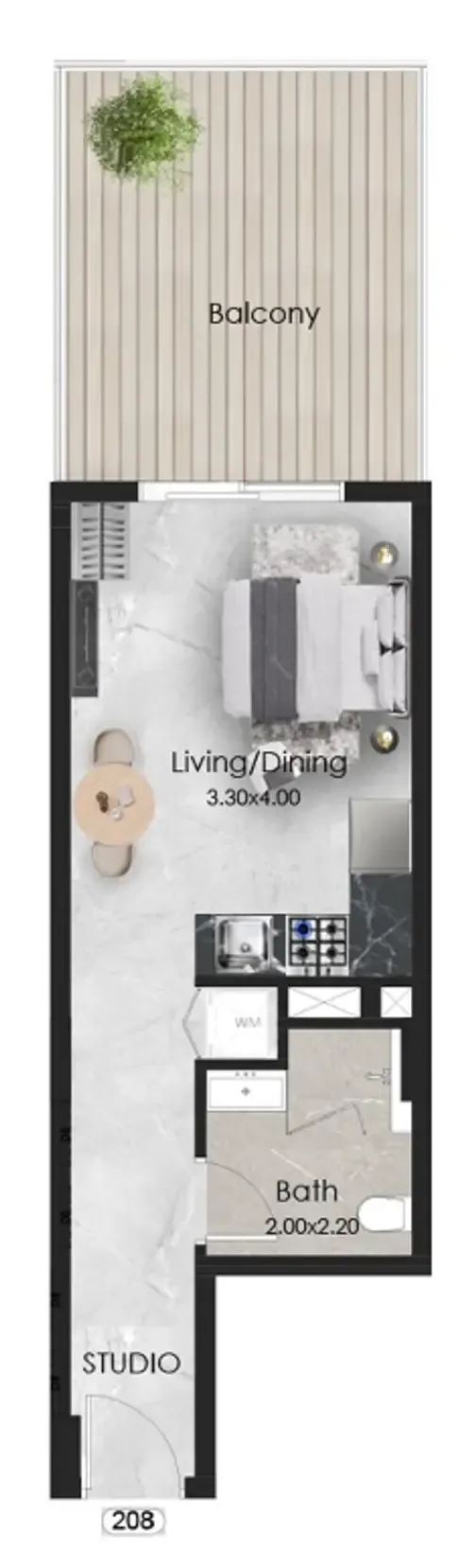 Aristo Studio floor plan, 465 sqft