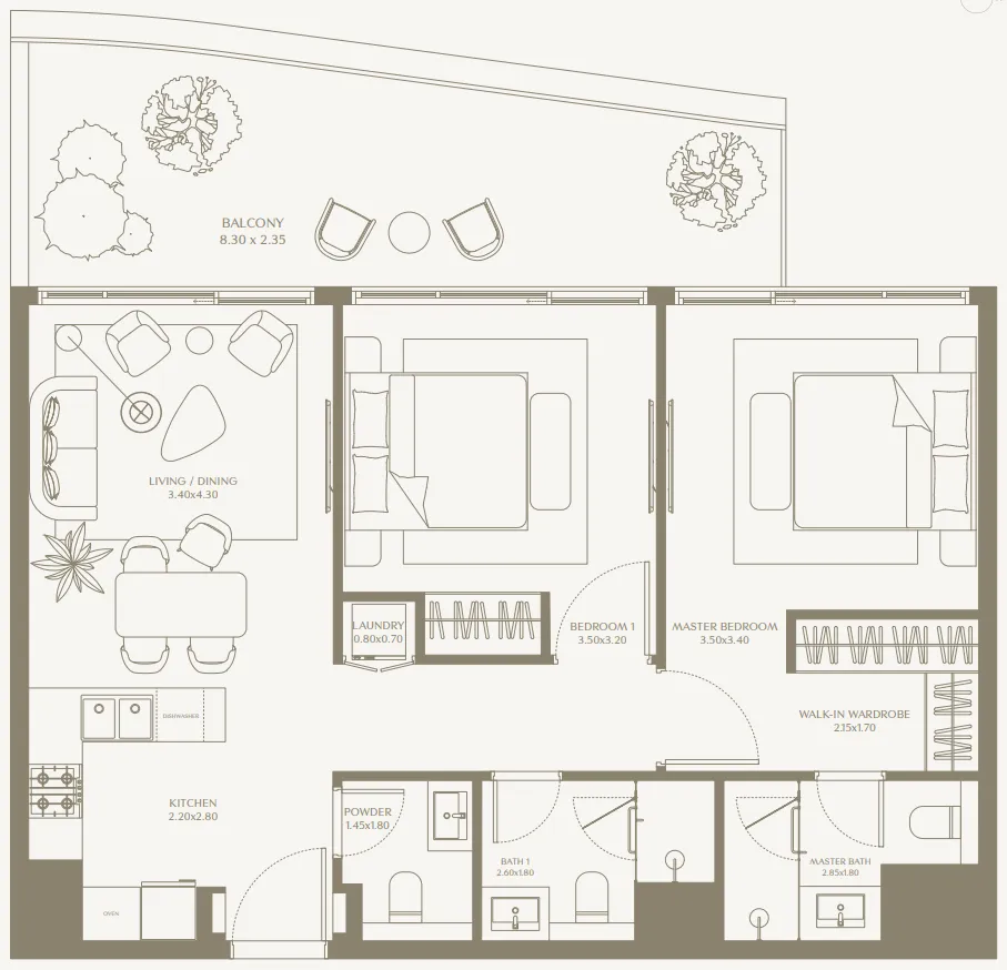 AYA Beachfront Residences 2 bed floor plan, 1,034 sqft