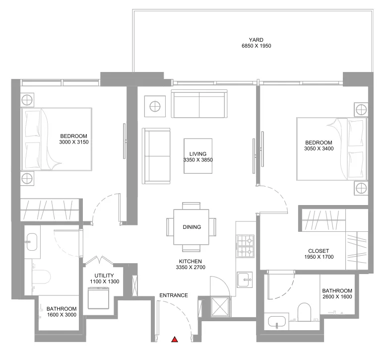 Starline Beach Residences 2 bed floor plan, 906 sqft