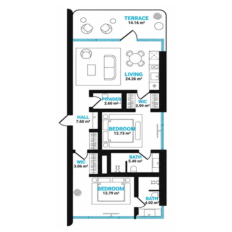 OceaniQ 2 2 bed floor plan, 762 – 1,397 sqft