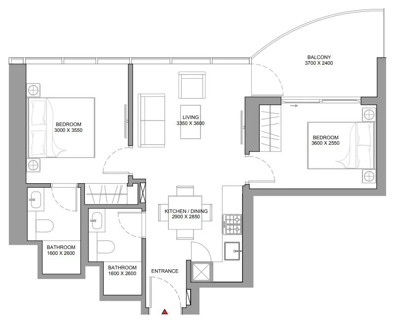 Sobha Aquamont 2 bed floor plan, 741 sqft
