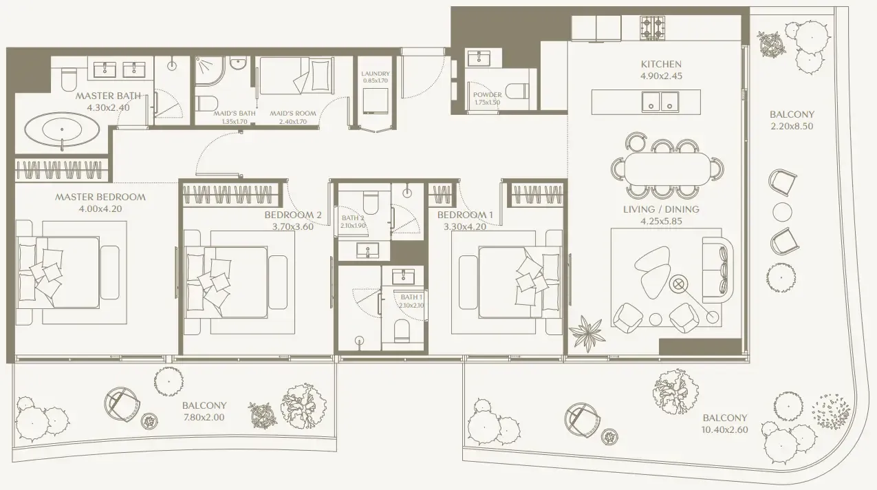 AYA Beachfront Residences 3 bed floor plan, 2,084 – 2,109 sqft