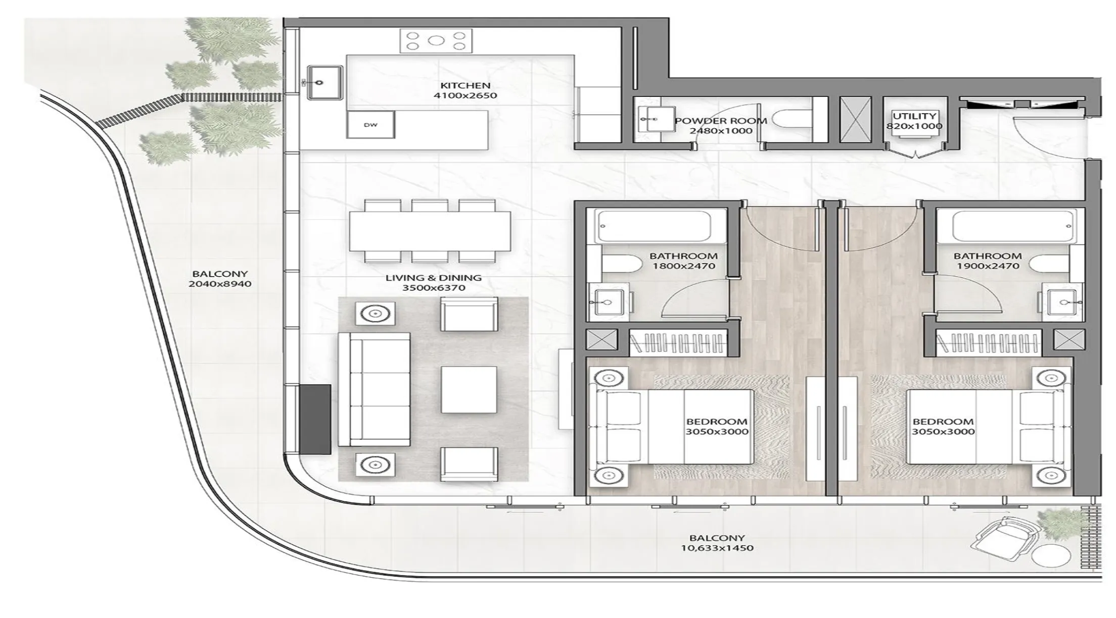 DG1 Living 1 bed floor plan, 1,051 sqft