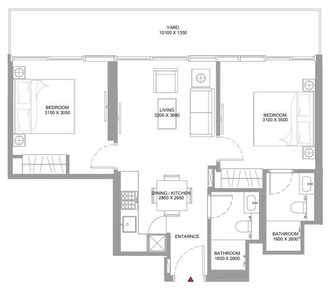 Yachtside Marina Residences 2 bed floor plan, 825 sqft