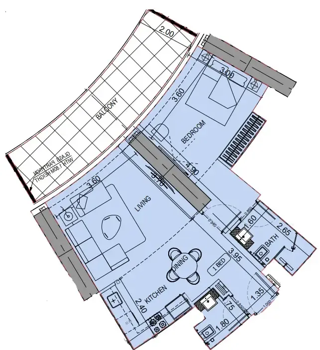 Binghatti Flare 1 bed floor plan, 803 sqft