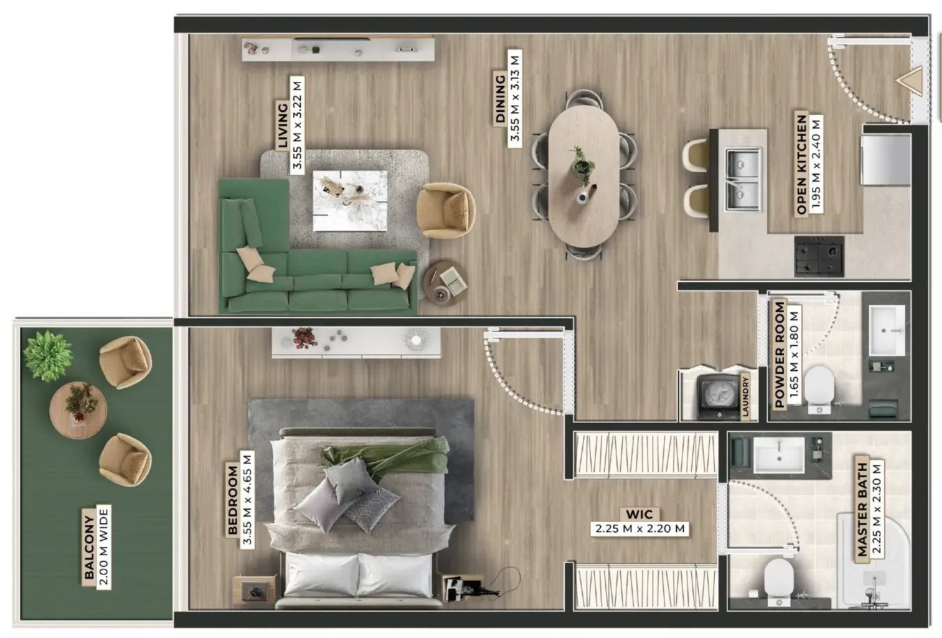 Firoza 1 bed floor plan, 822 sqft