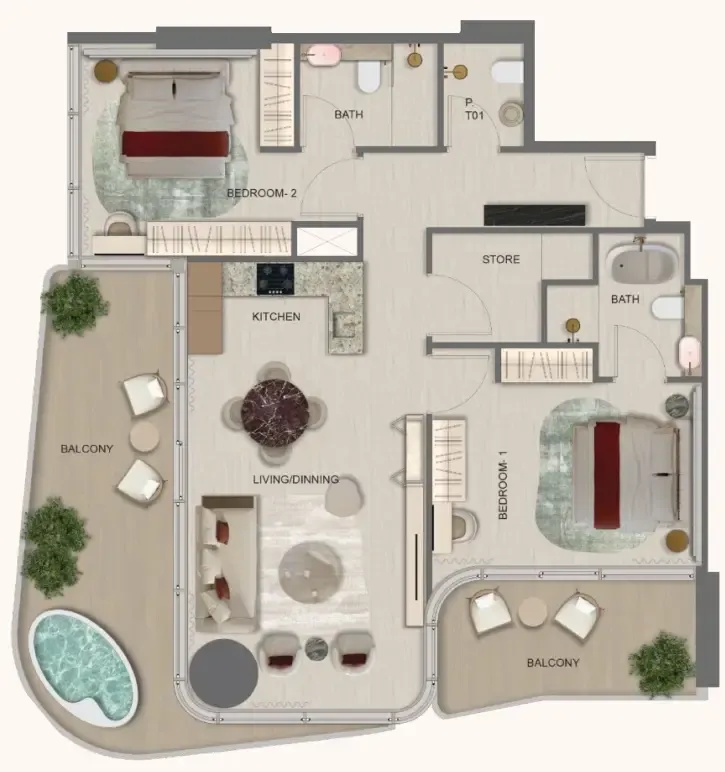 Treppan Serenique Residences 2 bed floor plan, 1,416 sqft