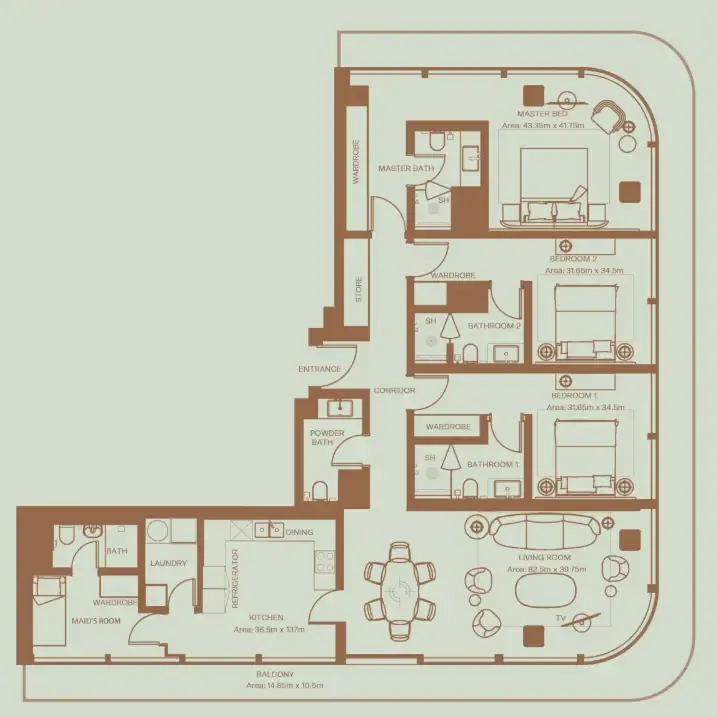 Eden House The Park 3 bed floor plan, 2,338 sqft