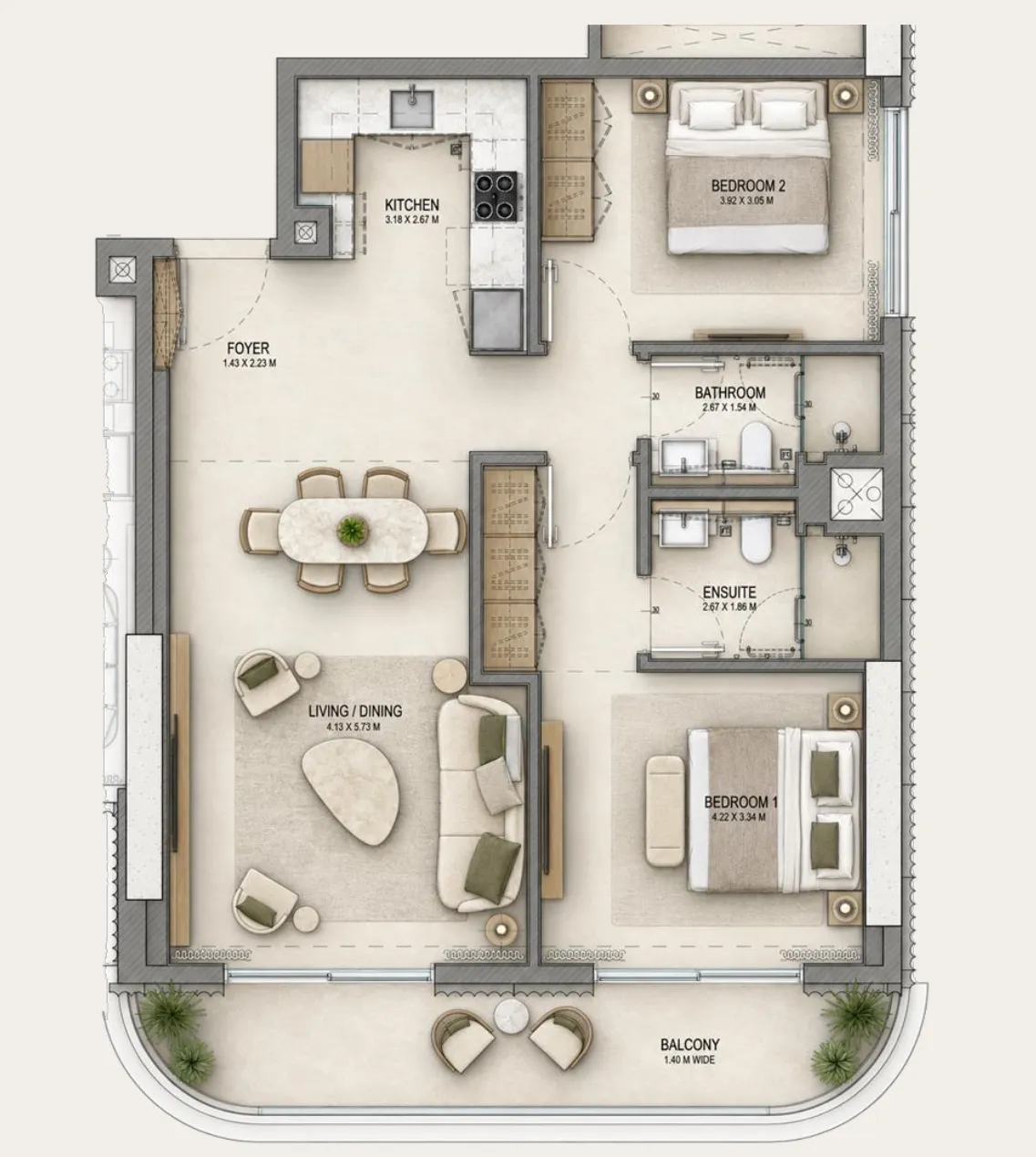 The Views 2 bed floor plan, 1,000 sqft