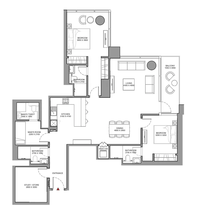 Skyscape 2 bed floor plan, 1,561 – 1,563 sqft