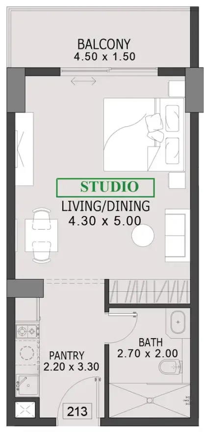 One By Preston Studio floor plan, 487 sqft
