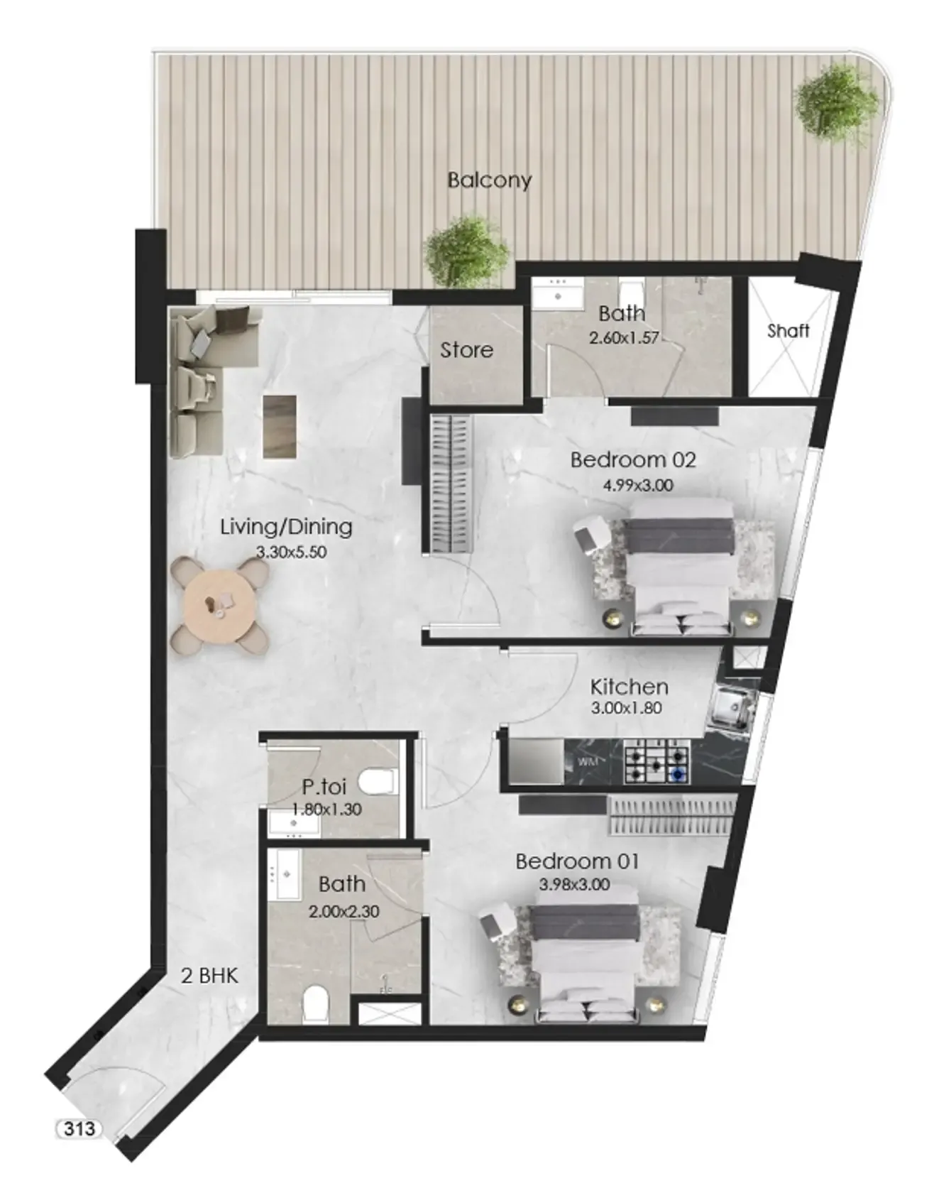 Aristo 2 bed floor plan, 1,126 sqft