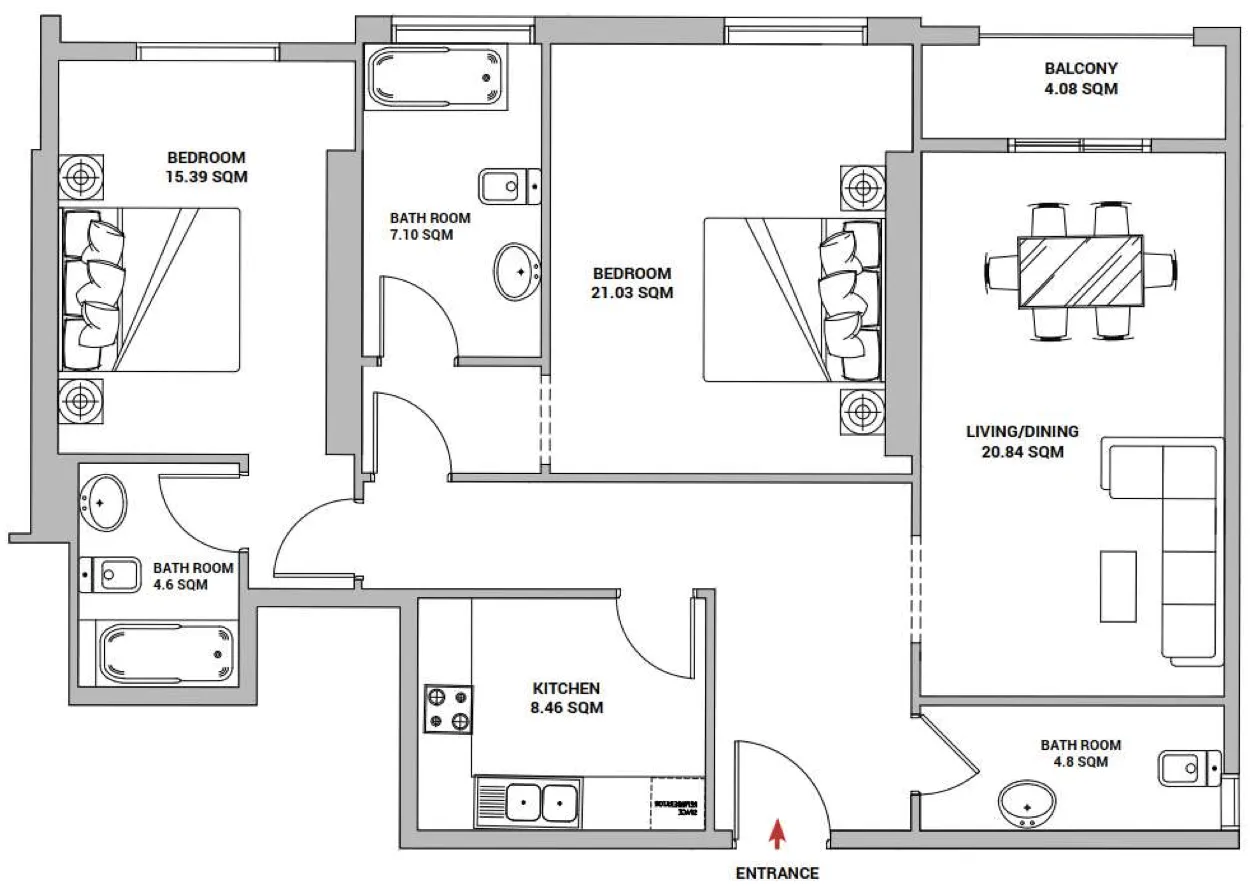 Nuaimia Two Tower 2 bed floor plan, 1,688 sqft