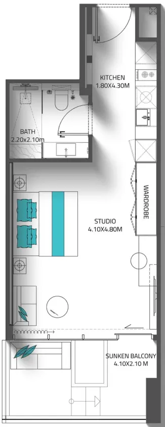 Reef 998 Studio floor plan, 478 sqft