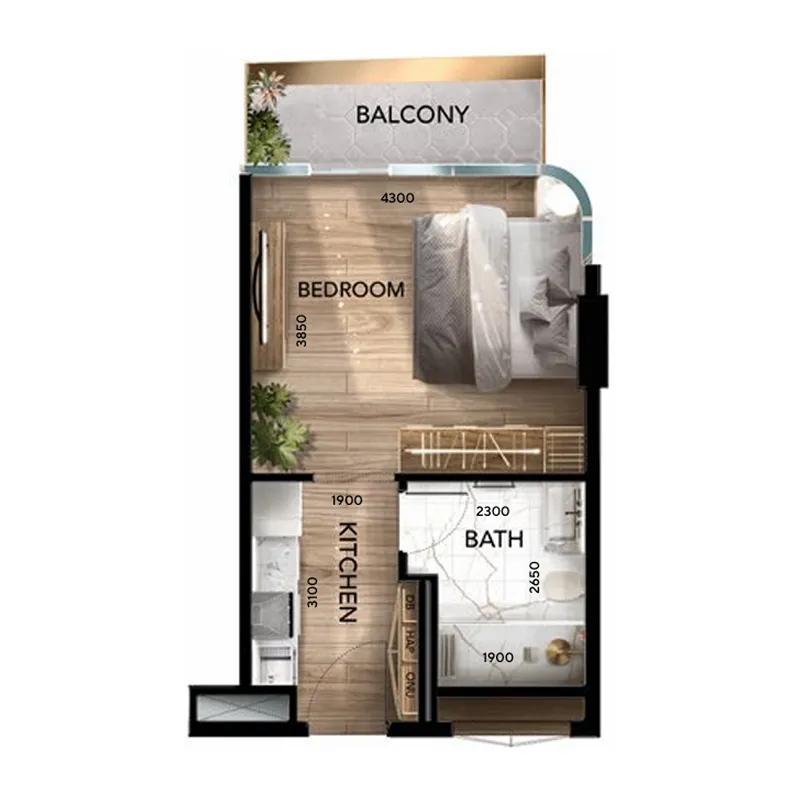 Radiant Atrium Studio floor plan, 355 sqft