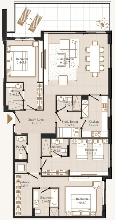 Flamingo LUX 3 bed floor plan, 1,958 sqft