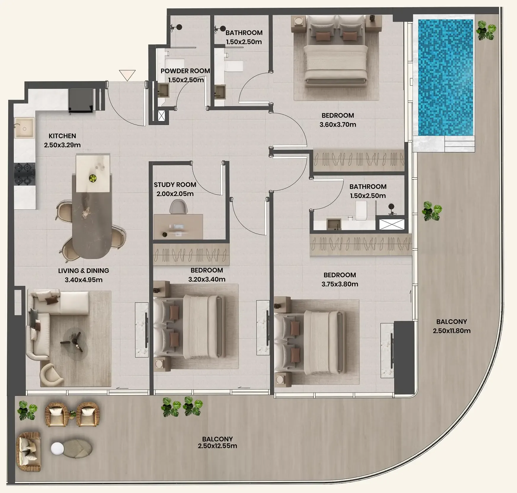 Divine Al Barari 3 bed floor plan, 1,719 sqft