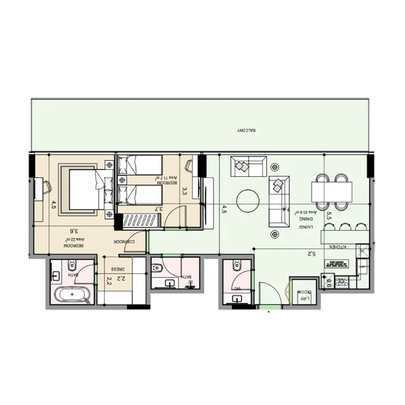 Edgewater Residences 1, 2 and 3 2 bed floor plan, 1,446 sqft