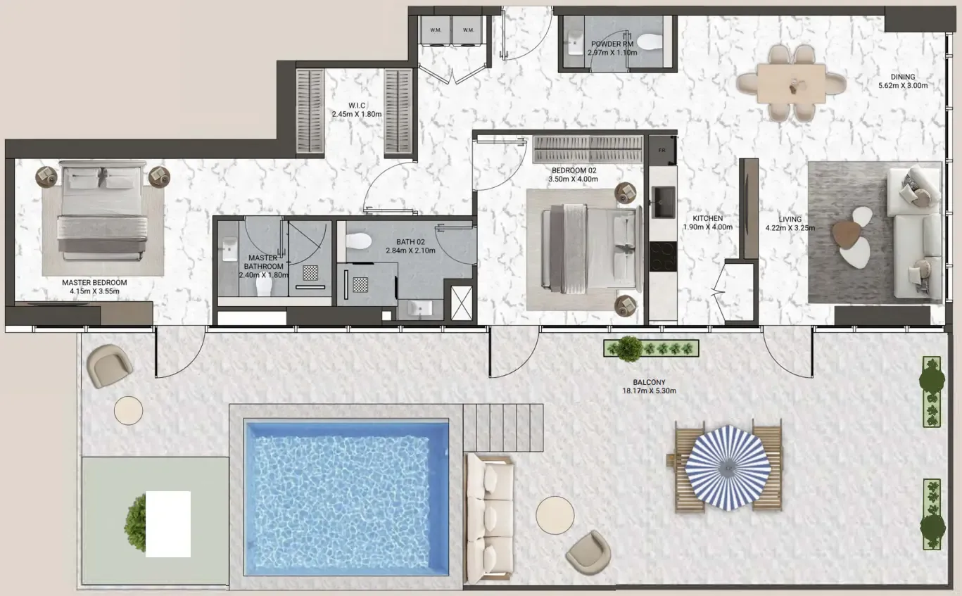 V-Suites 2 bed floor plan, 2,830 sqft