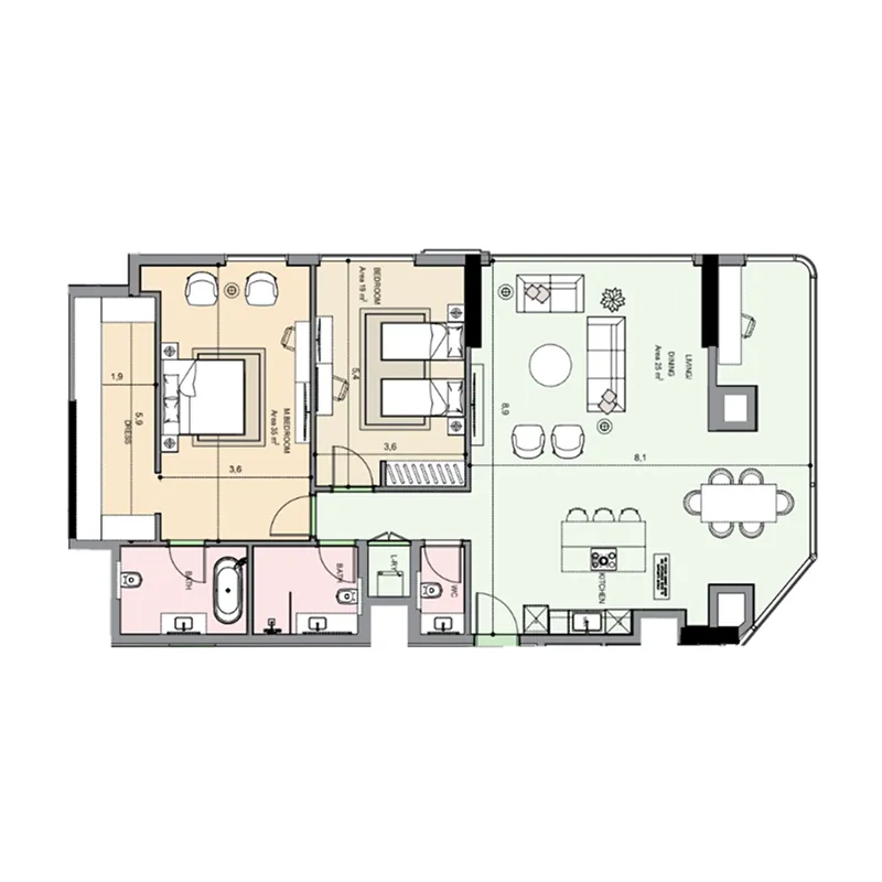 Edgewater Residences 1, 2 and 3 2 bed floor plan, 1,673 sqft