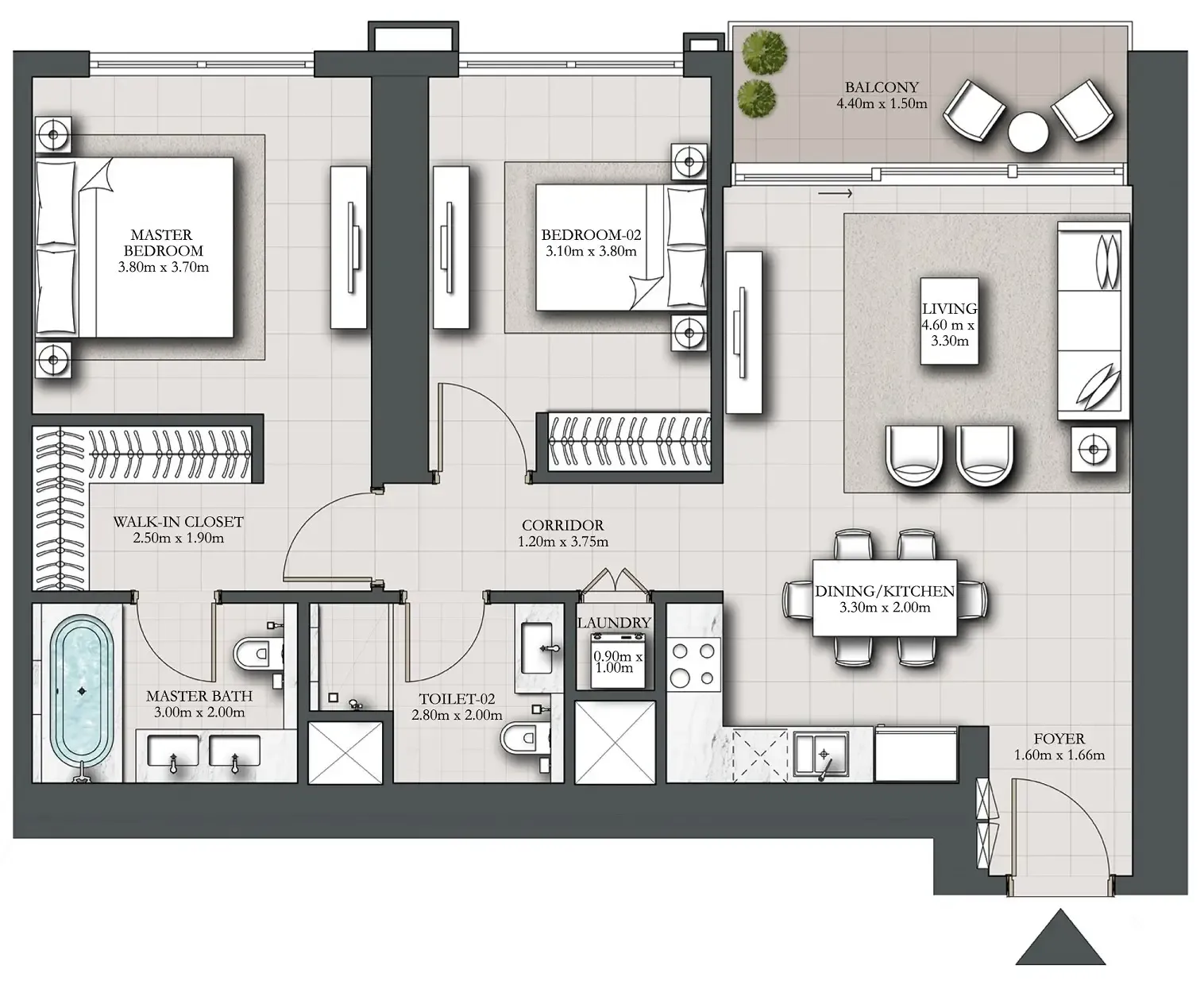 Marina Shores 2 bed floor plan, 1,148 sqft