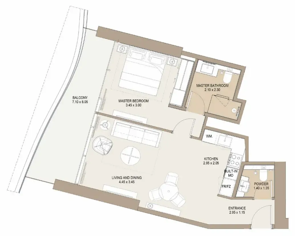 Laguna Residence 1 bed floor plan, 869 – 889 sqft