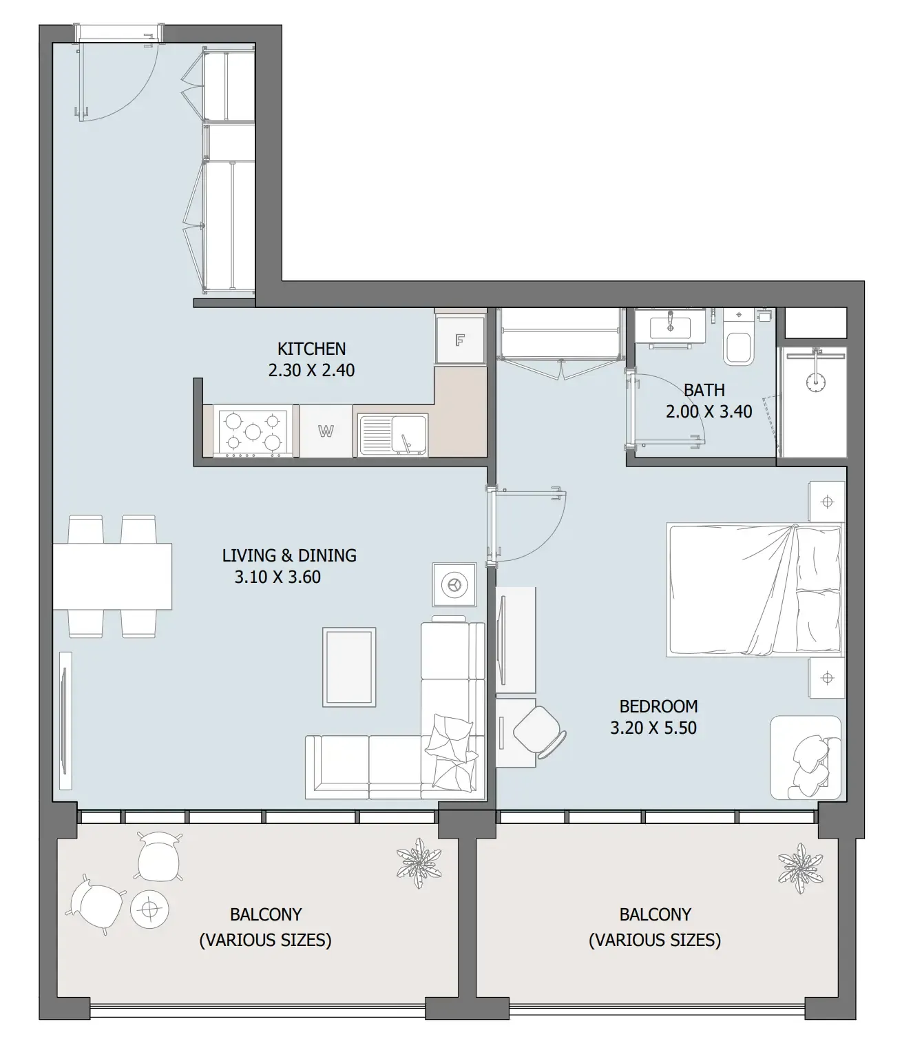 Oceana 1 bed floor plan, 797 – 815 sqft