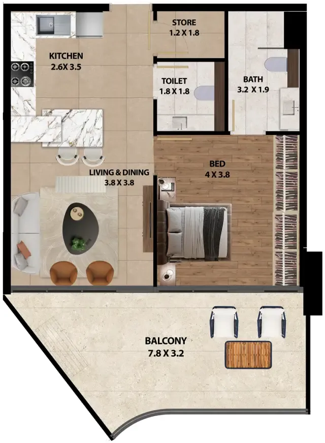 Marquis One 1 bed floor plan, 881 sqft