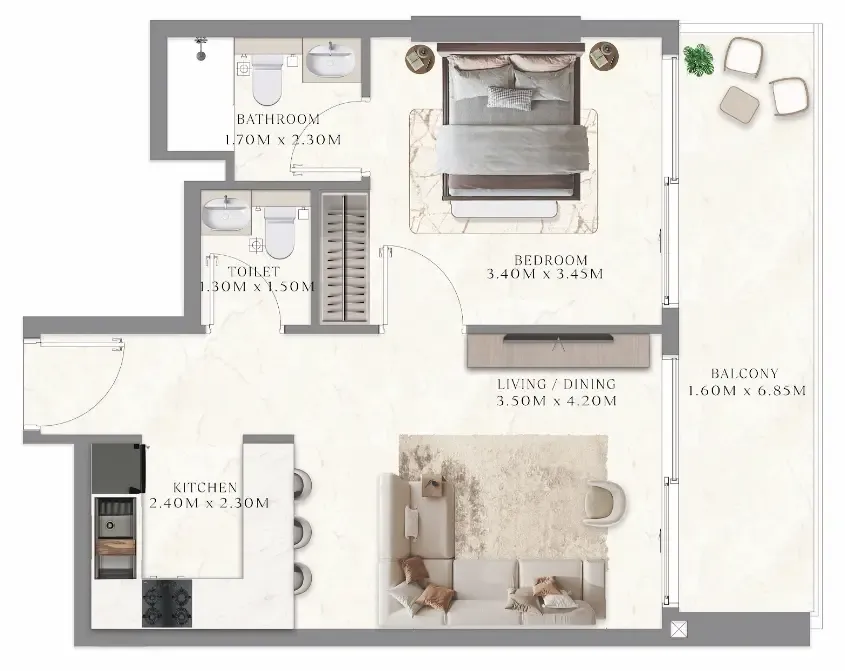 Aum 99 Residences 1 bed floor plan, 635 sqft